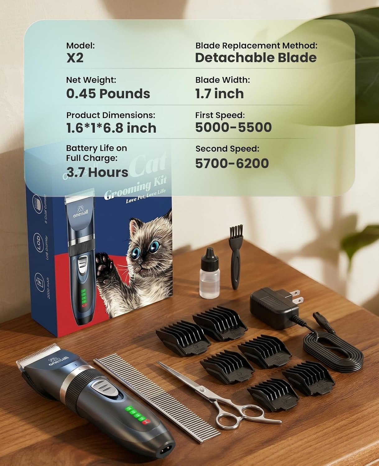 Quiet Cat Clippers for Matted & Long Hair, 2-Speed Cordless Pet Shaver Grooming Kit for Cats, Small Dogs & Animals (Blue)