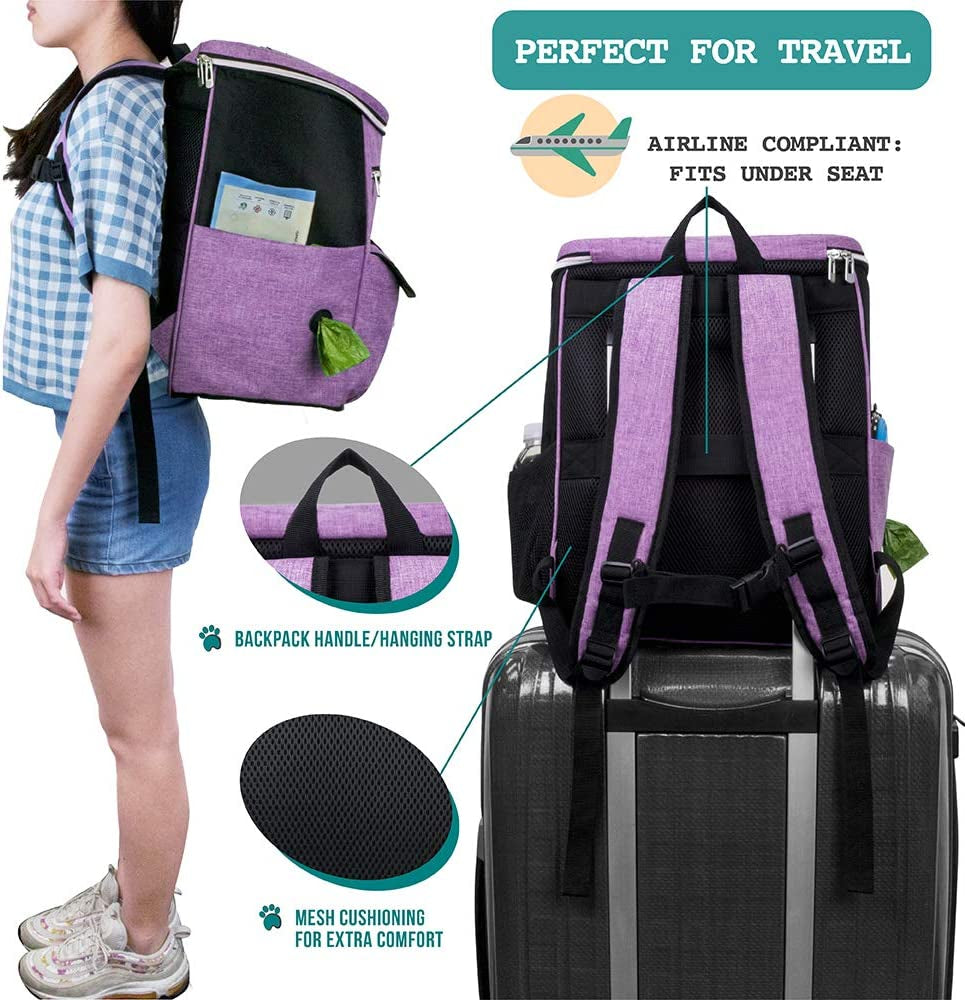 Dog Travel Bag Backpack, 27L Airline Approved Pet Supplies Organizer with 2 Food Containers, 2 Collapsible Bowls & Poop Bag Dispenser, Weekend Road Trip Camping Dog Mom Gift, Purple