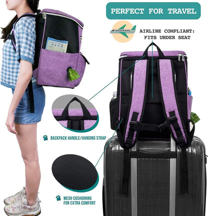 Dog Travel Bag Backpack, 27L Airline Approved Pet Supplies Organizer with 2 Food Containers, 2 Collapsible Bowls & Poop Bag Dispenser, Weekend Road Trip Camping Dog Mom Gift, Purple