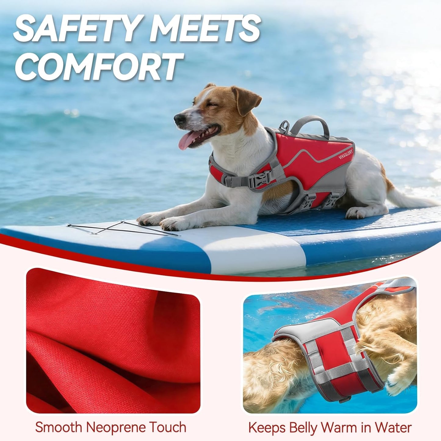 Dog Life Vest Neoprene Dog Swim Vest, M, Red | High Visibility Adjustable for Doggy Cat Puppy, Lifejacket with Leash Ring & Handle for Swimming & Boating