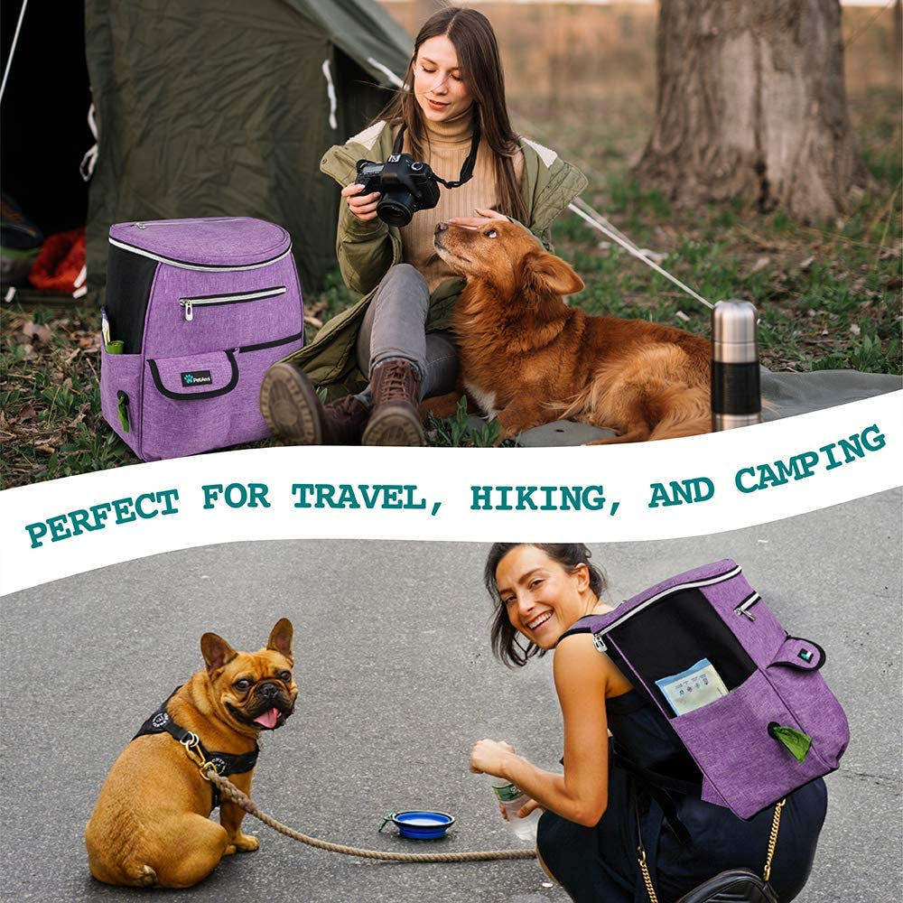 Dog Travel Bag Backpack, 27L Airline Approved Pet Supplies Organizer with 2 Food Containers, 2 Collapsible Bowls & Poop Bag Dispenser, Weekend Road Trip Camping Dog Mom Gift, Purple