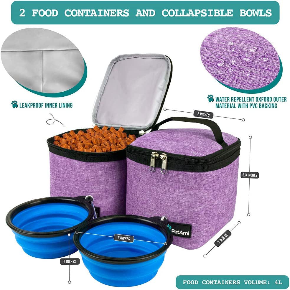 Dog Travel Bag Backpack, 27L Airline Approved Pet Supplies Organizer with 2 Food Containers, 2 Collapsible Bowls & Poop Bag Dispenser, Weekend Road Trip Camping Dog Mom Gift, Purple