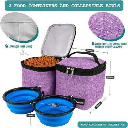 Dog Travel Bag Backpack, 27L Airline Approved Pet Supplies Organizer with 2 Food Containers, 2 Collapsible Bowls & Poop Bag Dispenser, Weekend Road Trip Camping Dog Mom Gift, Purple