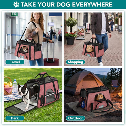 Airline Approved Pet Carrier for Cats & Small Dogs, Soft Sided TSA Travel Carrier Bag with Sherpa Bed, Breathable Mesh Ventilation, Collapsible Bowl, up to 18 Lbs, Small Heather White Red