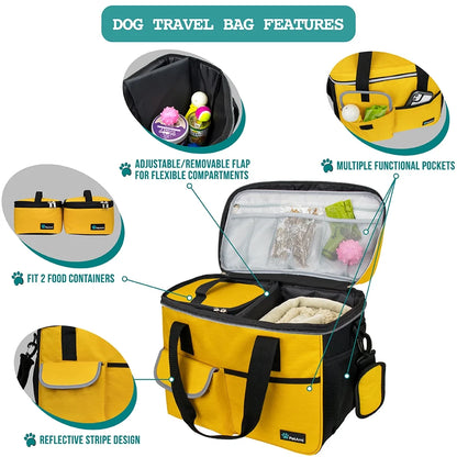 Dog Travel Bag, Travel Pet Bag Organizer, Dog Food Travel Bag with Food Container and Bowls, Dog Travel Supplies Gift Accessories for Weekend Camping, Dog Cat Diaper Bag (Charcoal, Medium)