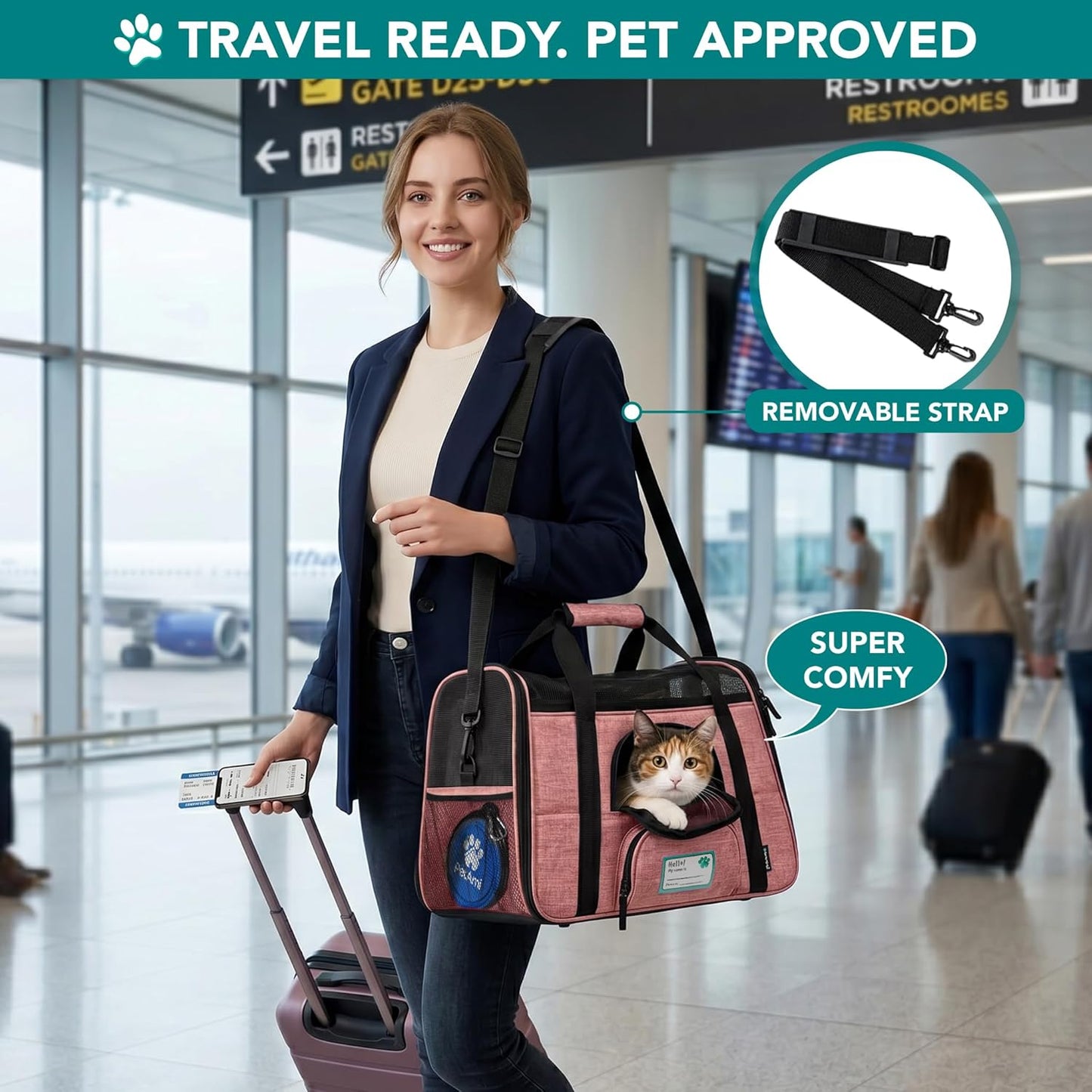 Airline Approved Pet Carrier for Cats & Small Dogs, Soft Sided TSA Travel Carrier Bag with Sherpa Bed, Breathable Mesh Ventilation, Collapsible Bowl, up to 18 Lbs, Small Heather White Red