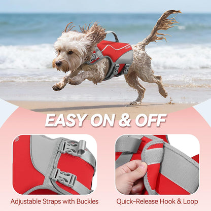 Dog Life Vest Neoprene Dog Swim Vest, M, Red | High Visibility Adjustable for Doggy Cat Puppy, Lifejacket with Leash Ring & Handle for Swimming & Boating