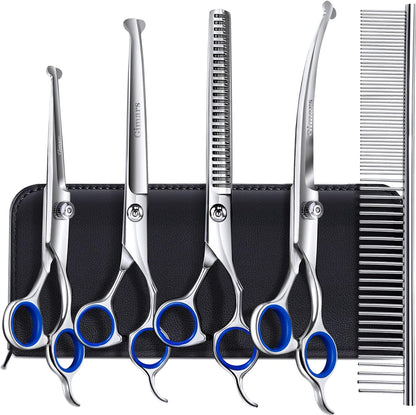 Titanium Coated Professional 6 in 1 4CR Stainless Steel Dog Grooming Scissors with Safety round Tip, Heavy Duty Pet Grooming Scissor for Dogs, Cats and Other Animals