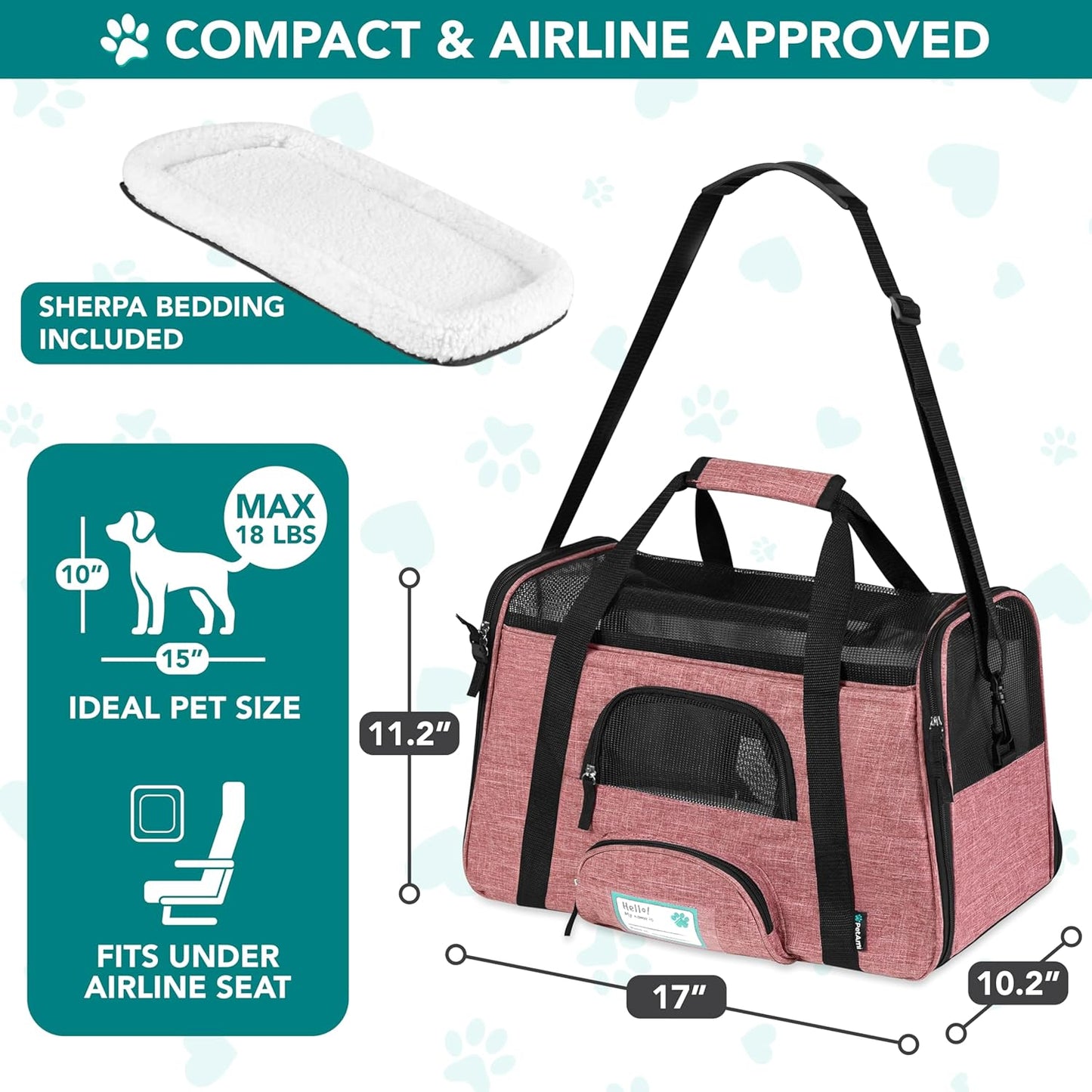 Airline Approved Pet Carrier for Cats & Small Dogs, Soft Sided TSA Travel Carrier Bag with Sherpa Bed, Breathable Mesh Ventilation, Collapsible Bowl, up to 18 Lbs, Small Heather White Red