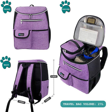 Dog Travel Bag Backpack, 27L Airline Approved Pet Supplies Organizer with 2 Food Containers, 2 Collapsible Bowls & Poop Bag Dispenser, Weekend Road Trip Camping Dog Mom Gift, Purple