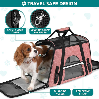 Airline Approved Pet Carrier for Cats & Small Dogs, Soft Sided TSA Travel Carrier Bag with Sherpa Bed, Breathable Mesh Ventilation, Collapsible Bowl, up to 18 Lbs, Small Heather White Red