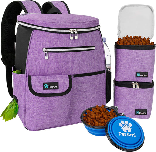 Dog Travel Bag Backpack, 27L Airline Approved Pet Supplies Organizer with 2 Food Containers, 2 Collapsible Bowls & Poop Bag Dispenser, Weekend Road Trip Camping Dog Mom Gift, Purple