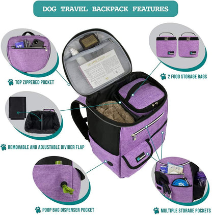 Dog Travel Bag Backpack, 27L Airline Approved Pet Supplies Organizer with 2 Food Containers, 2 Collapsible Bowls & Poop Bag Dispenser, Weekend Road Trip Camping Dog Mom Gift, Purple
