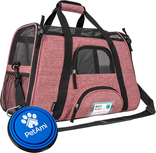 Airline Approved Pet Carrier for Cats & Small Dogs, Soft Sided TSA Travel Carrier Bag with Sherpa Bed, Breathable Mesh Ventilation, Collapsible Bowl, up to 18 Lbs, Small Heather White Red