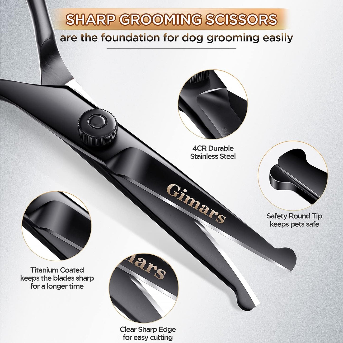 7Inch Professional 4CR Stainless Steel 6 in 1 Grooming Scissors for Dogs with Safety round Tip, Heavy Duty Titanium Coated Pet Grooming Scissor for Dogs, Cats and Other Animals