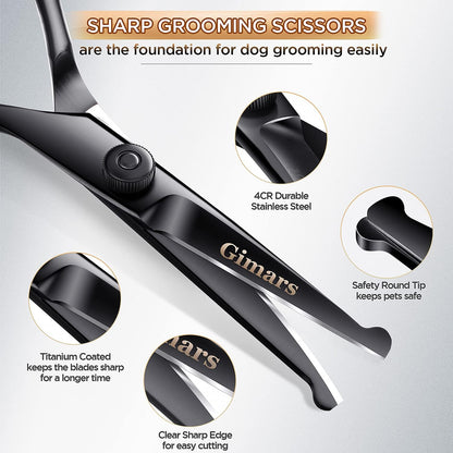 7Inch Professional 4CR Stainless Steel 6 in 1 Grooming Scissors for Dogs with Safety round Tip, Heavy Duty Titanium Coated Pet Grooming Scissor for Dogs, Cats and Other Animals