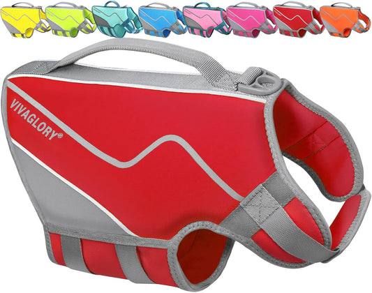 Dog Life Vest Neoprene Dog Swim Vest, M, Red | High Visibility Adjustable for Doggy Cat Puppy, Lifejacket with Leash Ring & Handle for Swimming & Boating